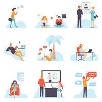 People Communicating Via Internet with Mobile Devices Set, Young Men and Women Chatting, Dating, Writing Emails, Searching for Information, Social Networking Illustration vector