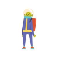 Friendly Green Alien Standing with Jetpack, Funny Humanoid Cartoon Character in Blue Space Suit and Helmet Illustration vector
