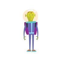 Funny Green Alien Standing with Jetpack, Humanoid Cartoon Character in Blue Space Suit and Helmet Illustration vector