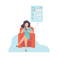 Young Woman Sitting on Sofa and Chatting Using Smartphone, Girl Communicating Via Internet with Mobile Device, Social Networking Illustration vector