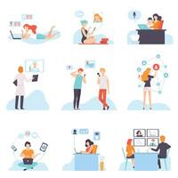 People Communicating Via Internet with Mobile Devices Set, Young Men and Women Chatting, Purchasing, Meeting, Discussing, Writing Emails, Social Networking Illustration vector