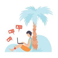 Young Man Sitting Under Palm Tree and Communicating Via Internet Using Mobile Devices, Guy Chatting, Writing Emails or Searching for Information Social Networking Illustration vector