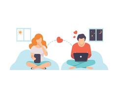 Online Dating, Couple in Love Communicating Via Internet, Virtual Relationships, Social Networking Illustration vector