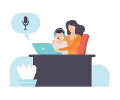 Boy and His Mother Talking Online Using Web Camera and Headphones, Distant Education Courses, Social Networking, People Communicating Via Internet Illustration vector
