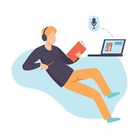 Young Man Talking Online Using Web Camera and Headphones, Distant Work or Education Courses, Social Networking, People Communicating Via Internet Illustration vector
