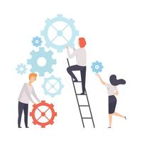 Business Team, Office Colleagues Constructing Mechanism, People Working Together in Company, Teamwork, Cooperation, Partnership Illustration vector