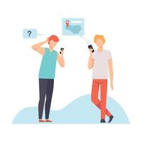 Two Young Men Communicating Using Smartphones, Guys Chatting Via Internet with Mobile Devices, Social Networking Illustration vector