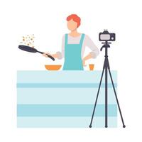Man Cooking at Kitchen and Recording on Camera, Male Food Blogger Creating Content about His Hobby and Posting It on Social Media Illustration vector