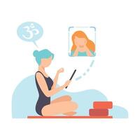 Girl Doing Yoga Workout with Teacher Online, People Communicating Via Internet Using Mobile Device, Social Networking Illustration vector