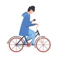 Young Man Using Smartphone While Riding Bicycle, Cycling Guy Exercising, Relaxing or Going to Work Illustration vector