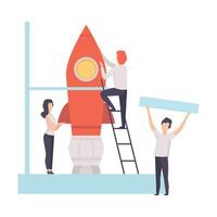 Business Team Constructing Space Rocket, Start Up, Business Idea, Teamwork Illustration vector