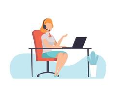 Female Call Center Worker, Online Support Service Assistant Talking Online with Headphones, Distant Education Courses, Social Networking, People Communicating Via Internet Illustration vector