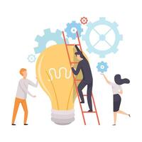Office Colleagues Working at New Project, Man Climbing Ladder to Big Burning Light Bulb, Teamwork, Brainstorming, Innovation, Creativie Thinking Concept Illustration vector