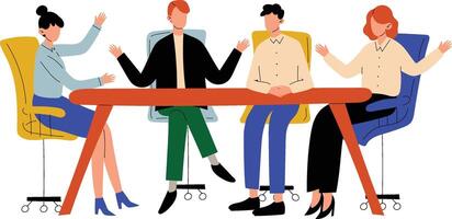 Business People Sitting at Desk and Discussing Project, Brainstorming, Colleagues Working Together in Office, Communication Between Coworkers Illustration vector