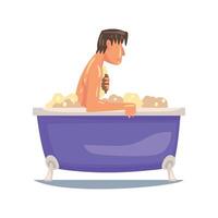 Man Taking Bath and Washing with Washcloth, Male Character Relaxing in Bathtub Full of Foam Illustration vector