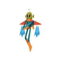 Funny Green Alien with Blaster Flying with Jetpack, Humanoid Cartoon Character with Big Eyes Oval Shape and Small Antenna Wearing Space Suit Illustration vector