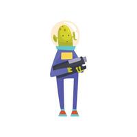 Funny Green Alien with Blaster, Funny Humanoid Cartoon Character in Blue Space Suit and Helmet Illustration vector