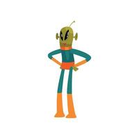 Funny Green Alien Standing with Hands on Its Waist, Humanoid Cartoon Character with Big Eyes Oval Shape and Small Antenna Wearing Space Suit Illustration vector
