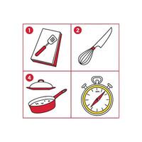 Four different images of cooking utensils and a clock vector