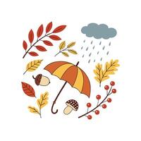 Autumn illustration with an umbrella, leaves, and mushrooms vector