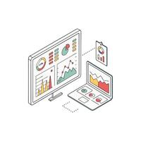 An illustration of a laptop and a monitor with graphs and charts vector