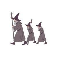 Three wizards walking with a staff and a hat vector