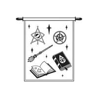 A black and white illustration of a book, a wand, and a star vector