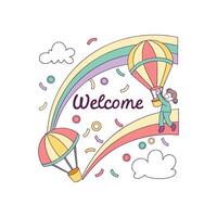 A welcome card with a hot air balloon and rainbow vector