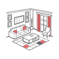 A drawing of a living room with furniture vector