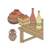 A table with bottles and vases on it vector