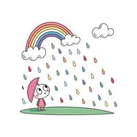 A little girl standing under a rainbow with raindrops vector