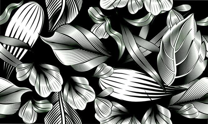 Luxury silver natural leaves seamless pattern black background. artistic metallic background.