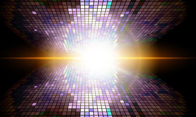 Large led projection screens. Colorful panel light show on shiny light on dark background.