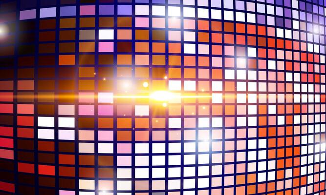 Large led projection screens. Colorful panel light show on shiny light. bright square sunlight.