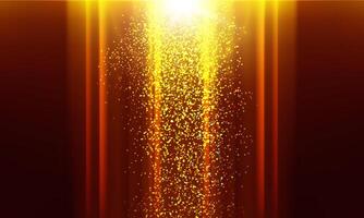 Stage light and golden glitter lights effect with gold rays, beams and falling glittering dust on floor. glowing lights. vector