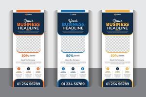 Geometric shapes business flyer and display banner, Creative business agency roll up banner design or pull up banner template, with 3 color variation vector