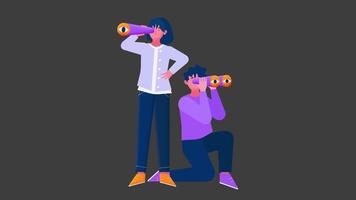 Man and woman holding binoculars and searching. Loop animation without background. video