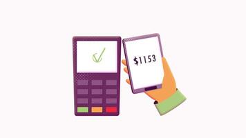 Hand is holding a smartphone and making payment through the terminal. Loop animation without background. video