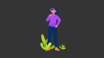 Woman is holding magnifyer and searching. Loop animation without background. video