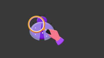 Hand is holding magnifying glass and observing a bug. Loop animation without background. video