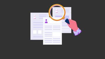 Hand is holding magnifying glass and observing candidate's cvs. Loop animation without abckground. video
