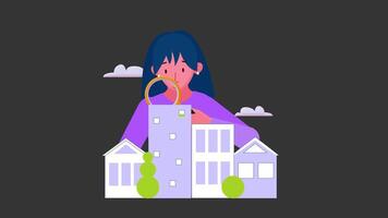 Woman is holding magnifying glass and observing property, houses. Loop animation without background. video