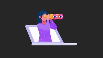 Voman is holding binoculars and searching. Loop animation without background. video