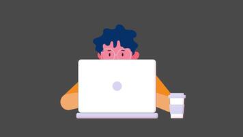 Man is sitting near the computer and working. Loop animation without background. video