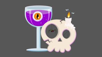 Halloween skull with a glass of cursed vine. Loop animation without background. video