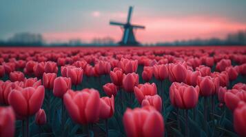 Stunning tulip field in deep pink hues with windmill at dusk image. Peaceful countryside blooming photography scene. Scenic Holland. Dutch landscape concept photorealistic photo