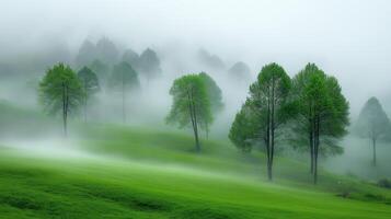 Misty meadow with scattered green trees image. Tranquil misty field. Serene foggy landscape photography scene wallpaper. Mist-covered grassland valley concept photorealistic photo