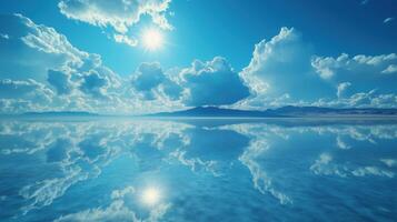 Sunlit clouds reflected on vast water surface image. Bright sun and fluffy cloudscape mirrored waterscape photography scene. Peaceful landscape. Stillness concept photorealistic photo