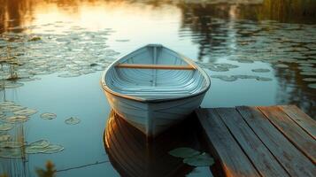White rowboat tied to wooden dock floating on still waters lily pads image. Nature lakeside boat rustic photography scene wallpaper. Serene boating concept photorealistic photo
