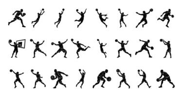 Basketball Player Silhouettes in Dynamic Poses on White Background vector